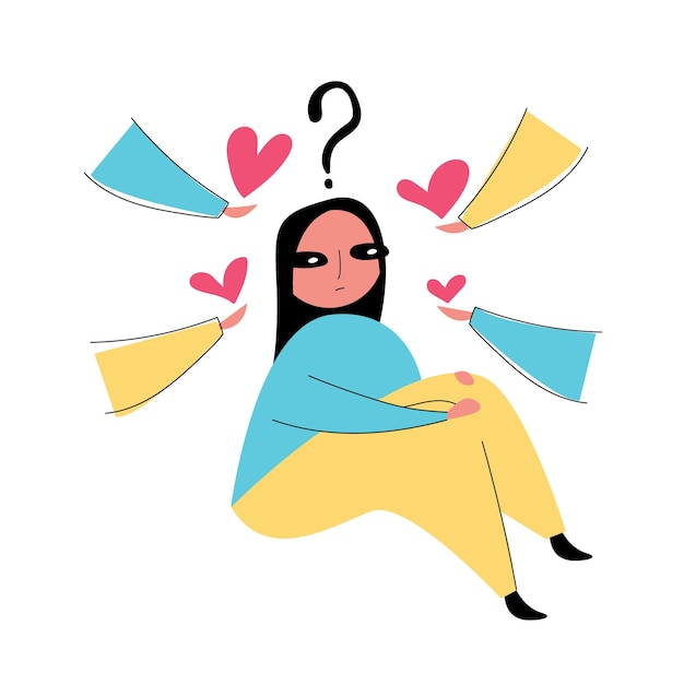 Cartoon colorful girl thinks a hand drawn with a heart a person makes a decision the concept of choice vector flat illustration the graphic elements are isolated