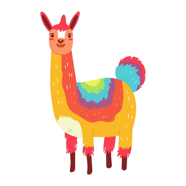 Cartoon colorful hand drawn funny lama vector flat illustration Adorable domestic furry animal standing isolated on white background