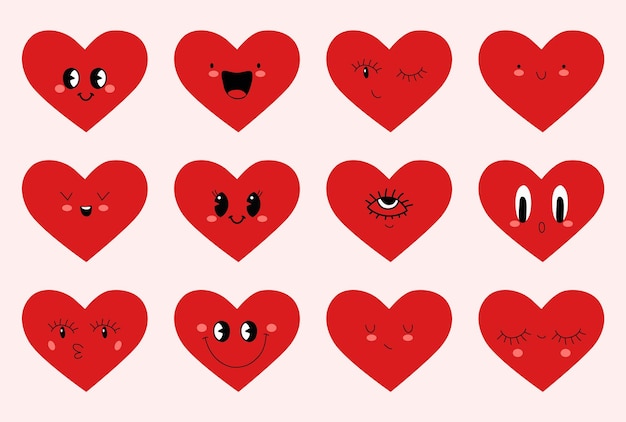 Cartoon colorful heart shape characters with funny faces Valentine day seamless pattern