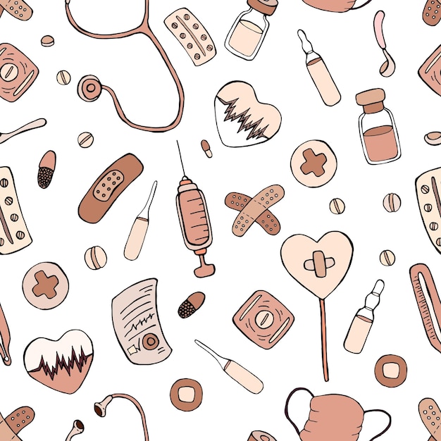 Vector cartoon colorful pattern with medical objects on a white background in beige style