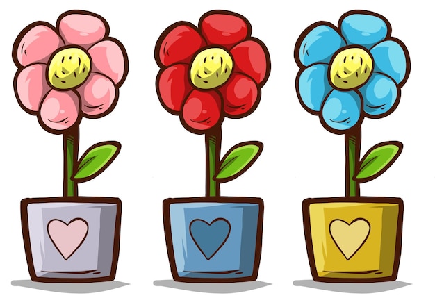 Cartoon colorful plant with flowers in flowerpot