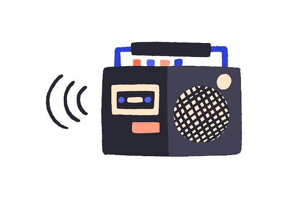 Мультяшный красочный ретро-магнитофон векторной плоской иллюстрации. Старинный электронный кассетный проигрыватель изолирован на белом фоне. Древнее классическое устройство с цветной кнопкой создает звуковой сигнал.