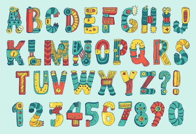 Cartoon colorful robot font, alphabet