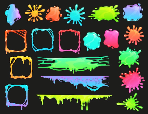 Cartoon colorful slime frames splash blob drips