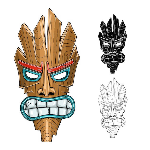 Cartoon colorful Tiki tribal wooden mask