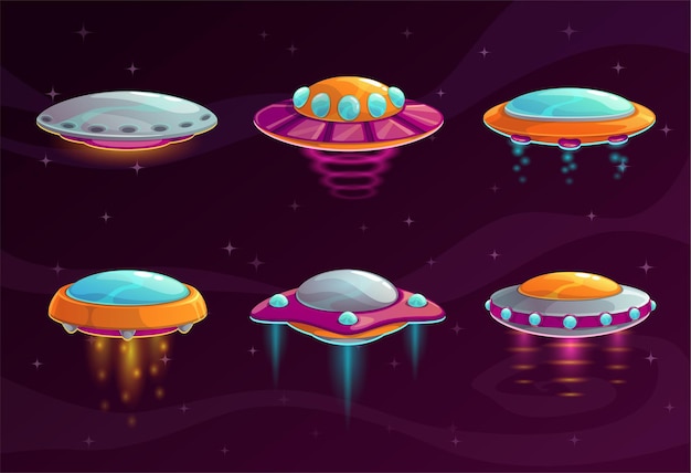 Vector cartoon colorful ufo assets set