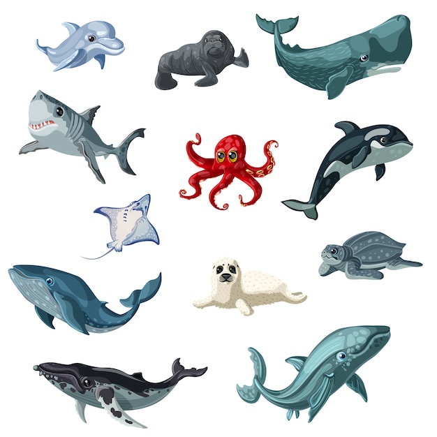 Cartoon colorful underwater animals set