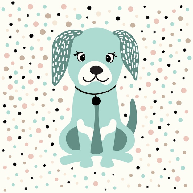 Cartoon colorfull funny cute with a dog on background dots