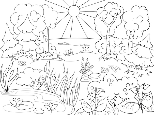 Cartoon coloring book black and white nature glade in the forest with plants