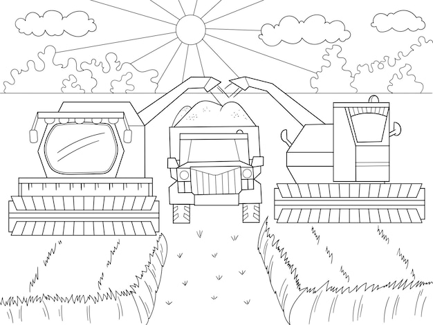 어린이를위한 만화 색칠 공부 밀의 가을 수확 농업 기계 수확기와 카마즈 결합