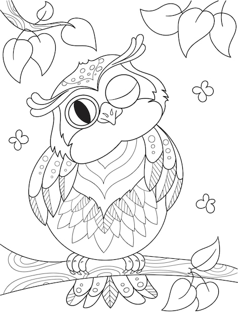 Vector cartoon coloring book funny owl on the tree black lines white background