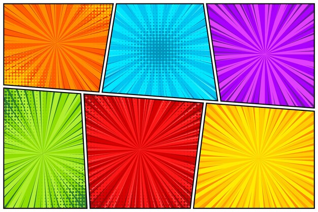 Cartoon comic backgrounds set comics book colorful poster with halftone elements retro pop art style vector illustration