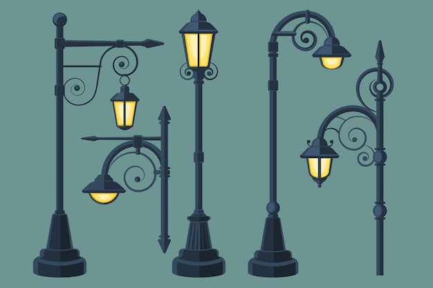 Vector cartoon, comic book vintage and modern street lights vector set