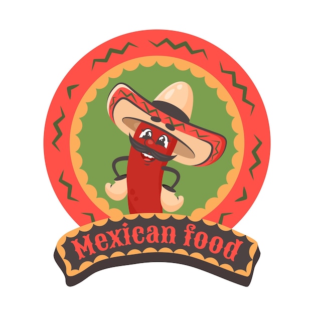 Vector cartoon comic character chilli pepper with sombrero latinamerican elment mexican food text vector