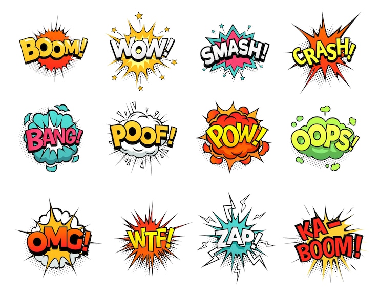 Vector cartoon comic sign burst clouds. speech bubble, boom sign expression and pop art text frames