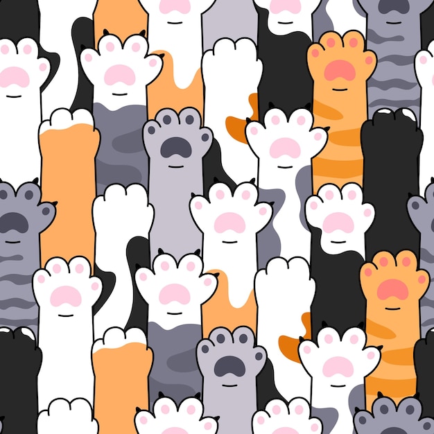 Vector cartoon comic style cat paws seamless pattern background kitten pet animal vector doodle drawin