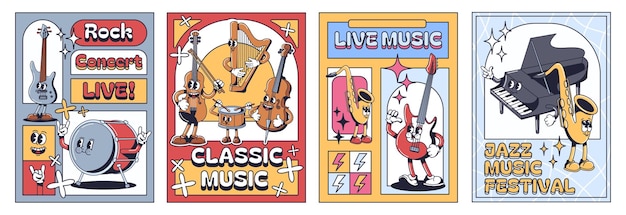 Cartoon concert posters Live rock music show classic and jazz festival flyer design template 1930s