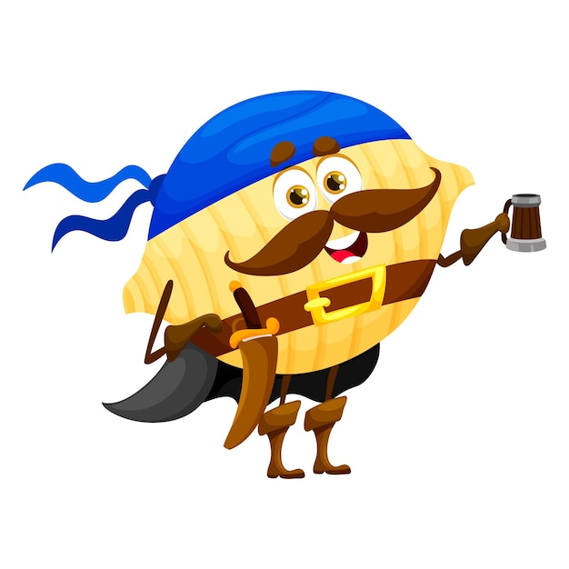 Cartoon conchiglie pasta italiana personaggio pirata italia cucina pasto ostruzionismo personaggio comico pasta bucaniere o conchiglie corsaro isolato vettore carino mascotte con boccale di birra e sciabola