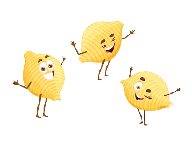 Cartoon conchiglie pasta personages glimlachende vrolijke en vriendelijke tarwe maaltijd personages geïsoleerde vector comic noedels traditioneel gerecht van Italië Grappige vrienden met schattige gezichten plezier en vreugde