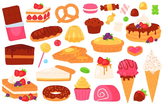 Мультяшные кондитерские сладости. шоколадный торт, кекс, сладкая выпечка и блины, мороженое, желе и эклер. векторный набор десертных блюд. иллюстрация блин и рулет, карамель и миндальное печенье