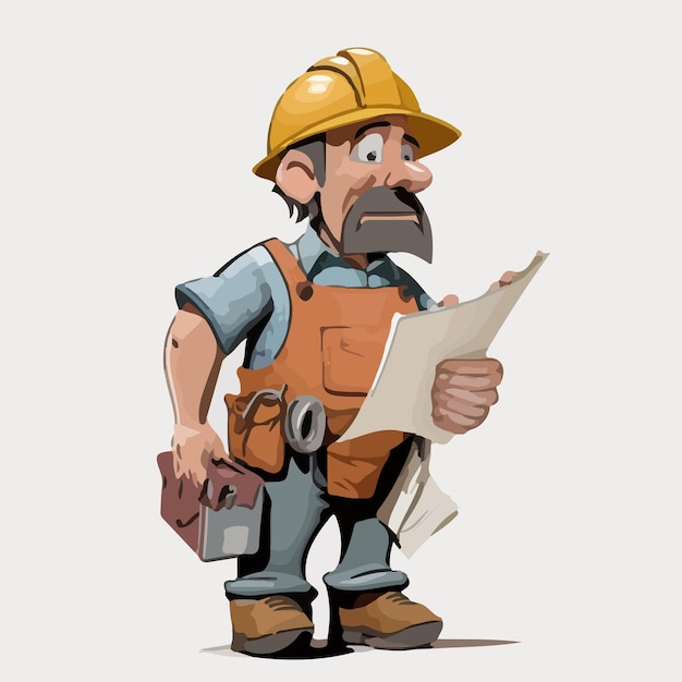 Карикатура на строителя с чертежом и молотком.