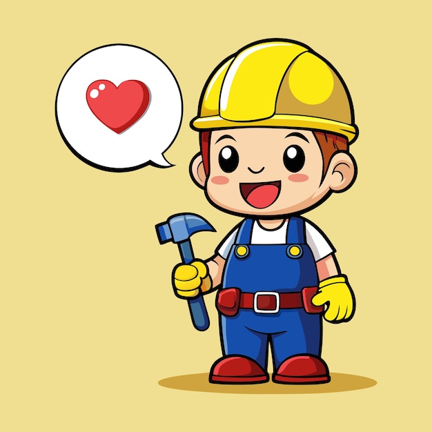 ハンマーとハートを持った建設労働者の漫画