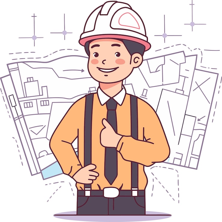 Vector 단단한 모자와 타이를 입은 건설 노동자의 만화