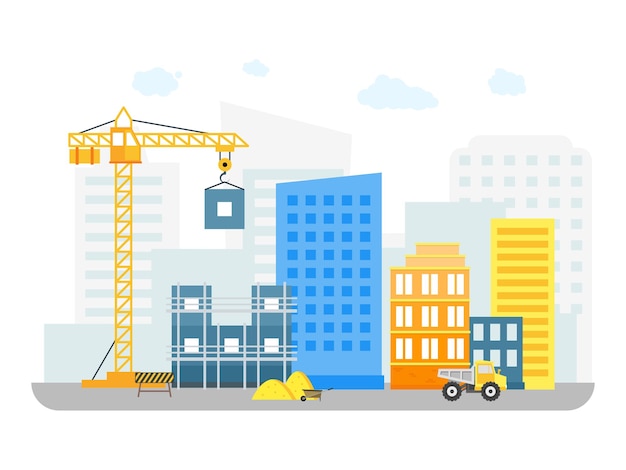 Cartoon constructions building on background of city district engineering project flat style design. vector illustration