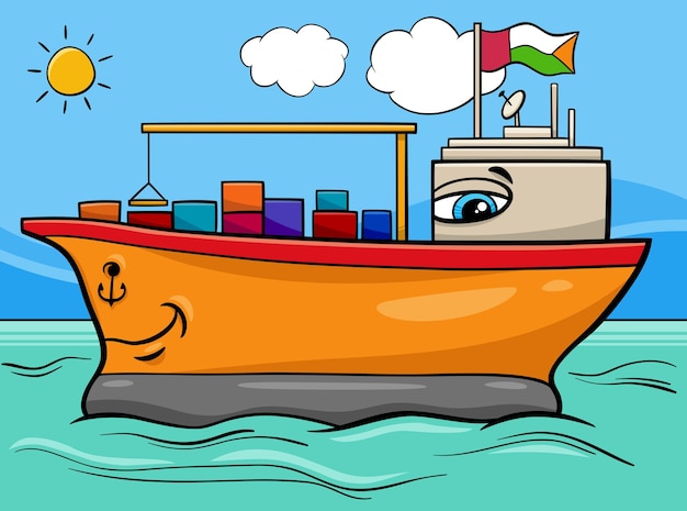 Cartoon container ship character on the sea