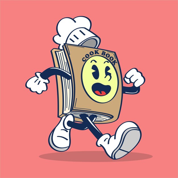 a Cartoon Cook Book Character Running with Cute Face Hand Drawing Vector Vintage Style