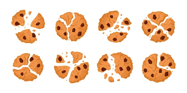 Cartoon cookie crumbs Chocolate chip vanilla biscuits with crumbs crunchy tasty cookies Homemade choco oatmeal cookies flat vector illustration set