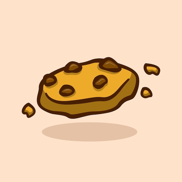 A cartoon of a cookie with chocolate chips in the air.