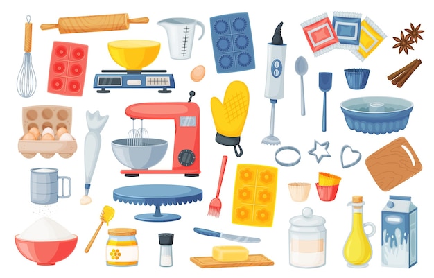Vector cartoon cooking tools and baking ingredients collection
