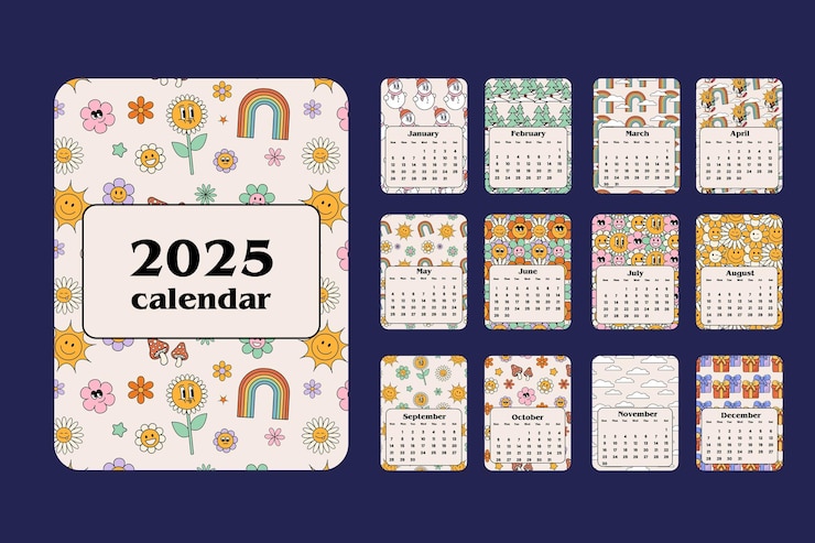 Vector cartoon cool calendar in 70s style for each month cute retro characters flowers sun stars hippie