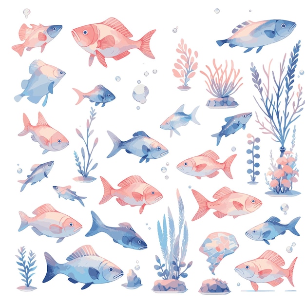 Cartoon coral fish under the sea 2 colors