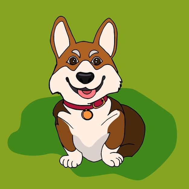 푸른 잔디 벡터 컬러 이미지에 만화 Corgi 개