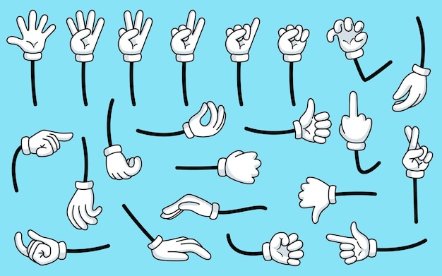 Cartoon counting hand Count comic hands in white gloves and countdown fingers Funny garish arm shows numbers and different gestures vector set