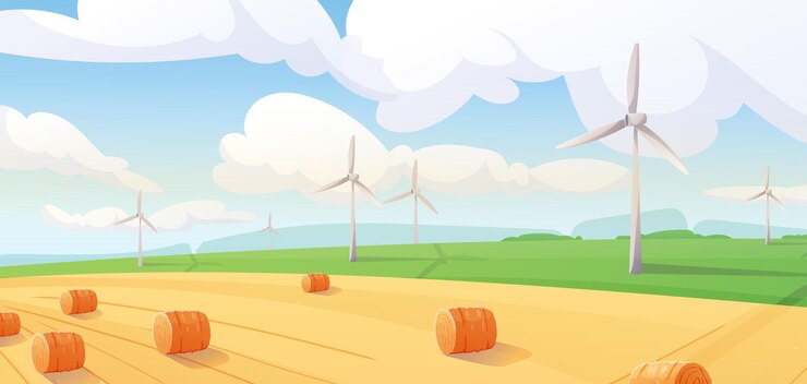 Vector cartoon countryside illustration background with golden wheat fields hay bales wind turbines under blue sky with clouds ecofriendly agricultural renewable energy projects