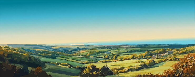 Vector cartoon countryside summer landscape panorama with rural valleys and fields vector illustration
