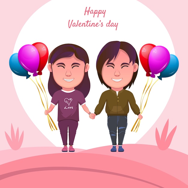 Cartoon couple celebrating valentines day bring the balloon