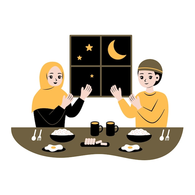 Vector a cartoon of a couple having a meal with a moon and stars.