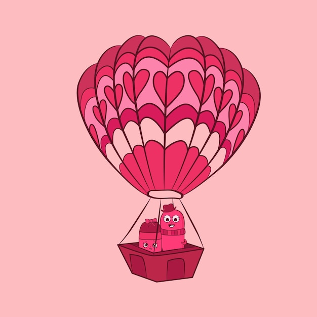 Cartoon couple in a hot air balloon flying in the sky