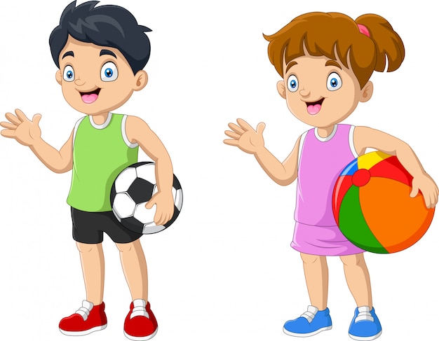 Cartoon couple kid holding ball