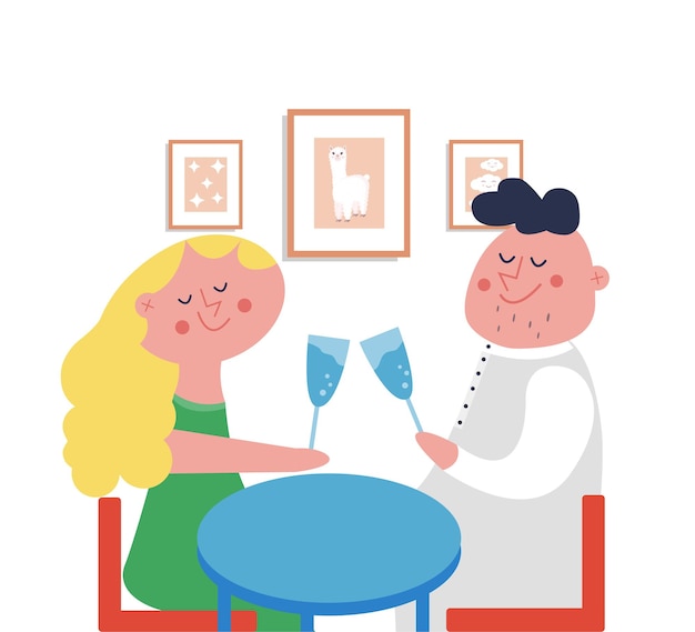 レストランや自宅でロマンチックなデートで恋をしている漫画のカップルはワインを飲みます