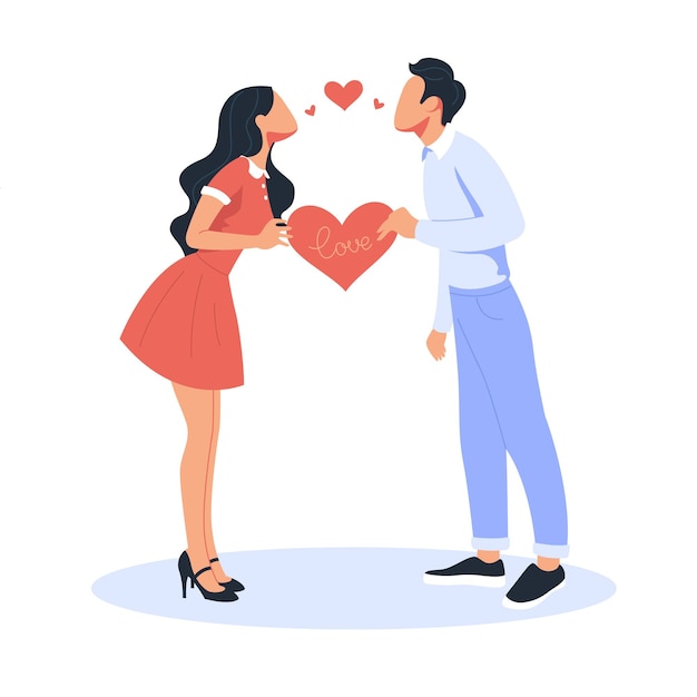 Cartoon couple man and woman gently kissing and holding a heart card in their hands