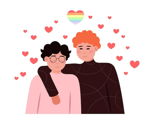 Вектор Мультяшная пара мужчин из лгбт-сообщества обнимается молодая гей-пара парад гордости против насилия и дискриминации гомосексуальность и толерантность вектор