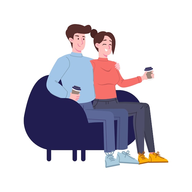 cartoon couple sitting at armchair and holding a cup of coffee