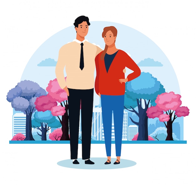 Cartoon couple standing over colorful trees