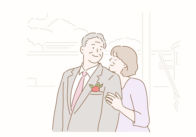 A cartoon of a couple standing in front of a building