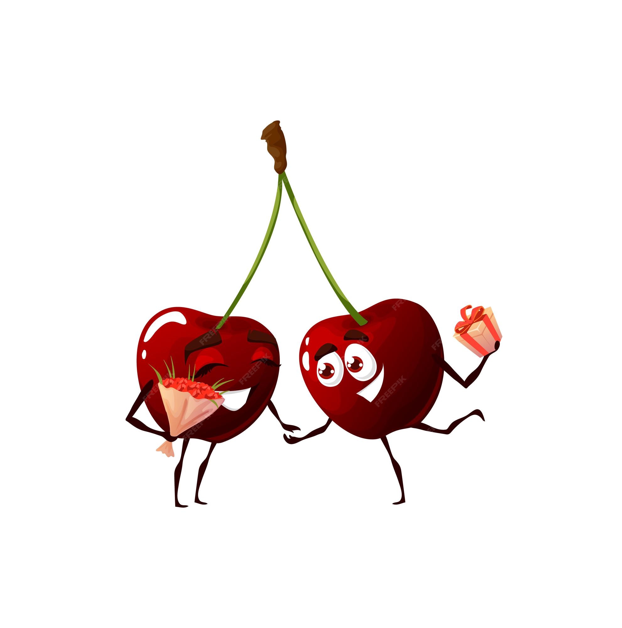 Premium Vector | Cartoon couple of sweet cherry with flowers and gift, vector fruit food characters. cherry twins in love or friendship, cute happy friends holding by hand, valentine or wedding confectionery Premium Vector | Cartoon couple of sweet cherry with flowers and gift, vector fruit food characters. cherry twins in love or friendship, cute happy friends holding by hand, valentine or wedding confectionery